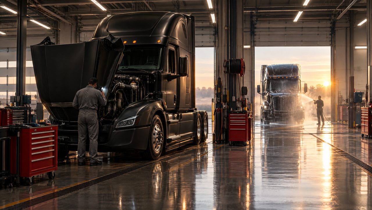 Company maintenance shop servicing and washing semi trucks