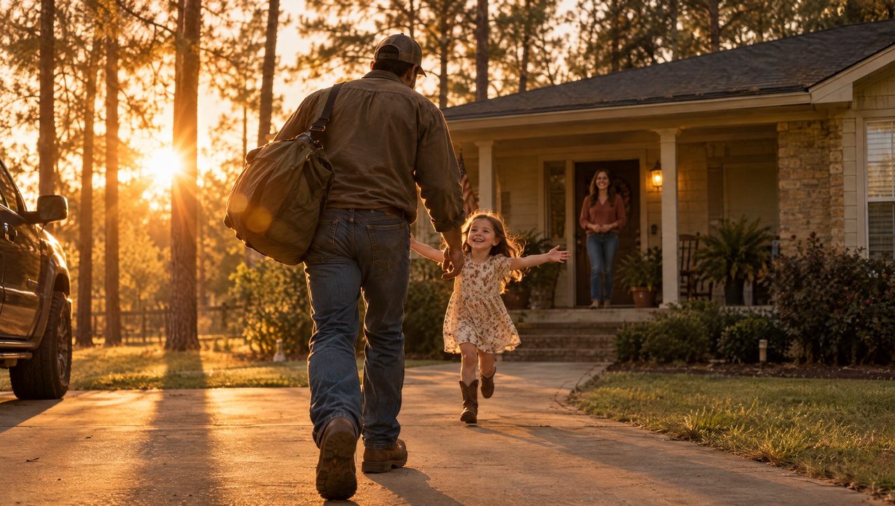 Truck driver arriving home to his family for his week off