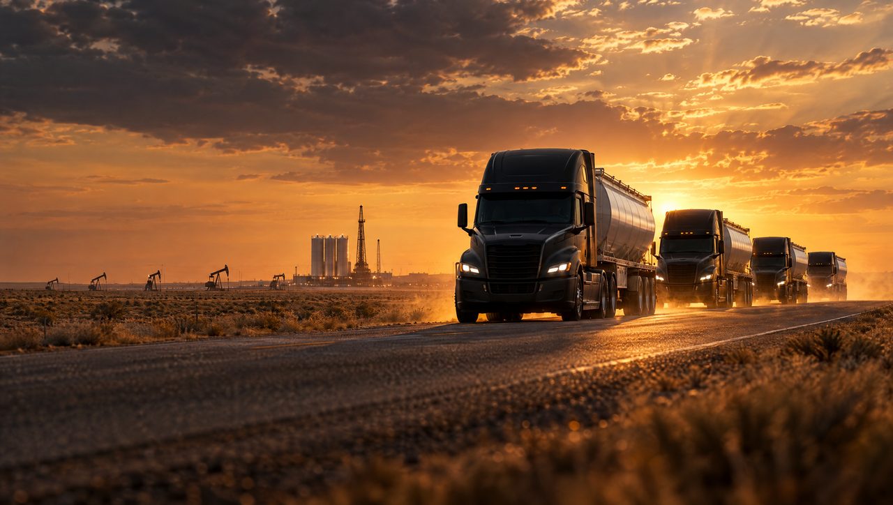 Convoy of black semi trucks hauling frac sand across the West Texas Permian Basin at sunset