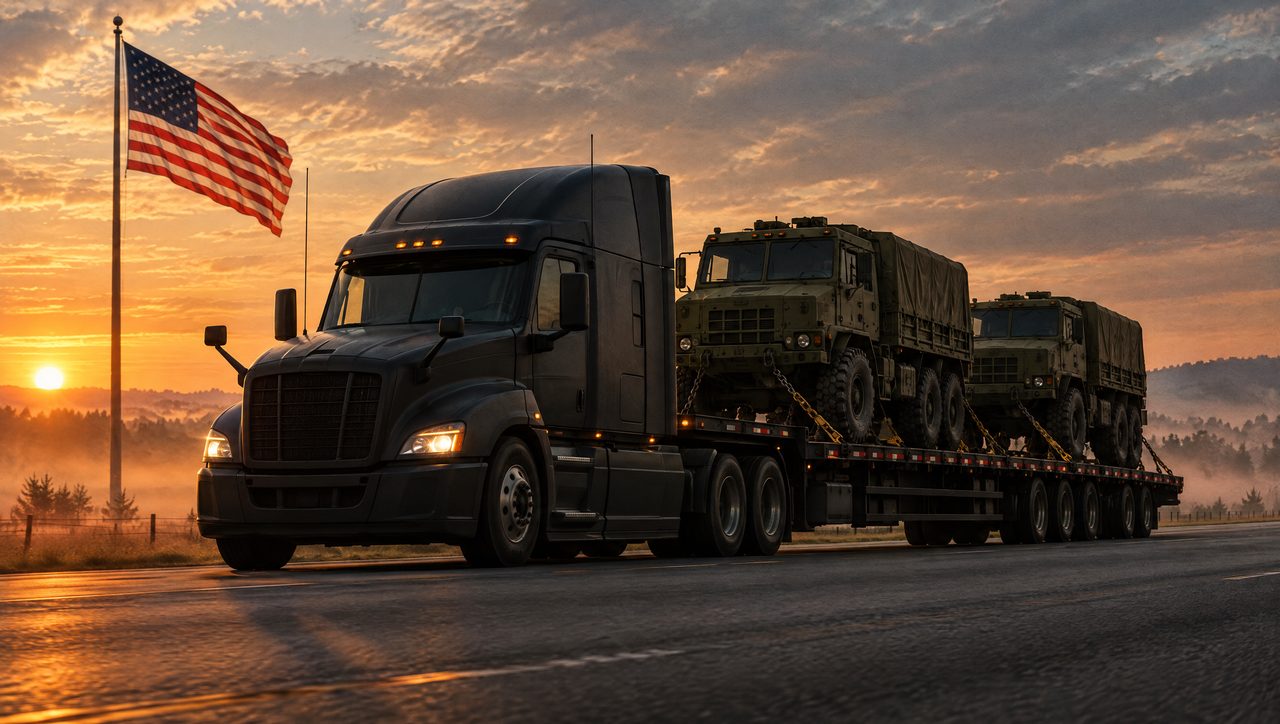 Flatbed truck hauling military tactical vehicles past an American flag
